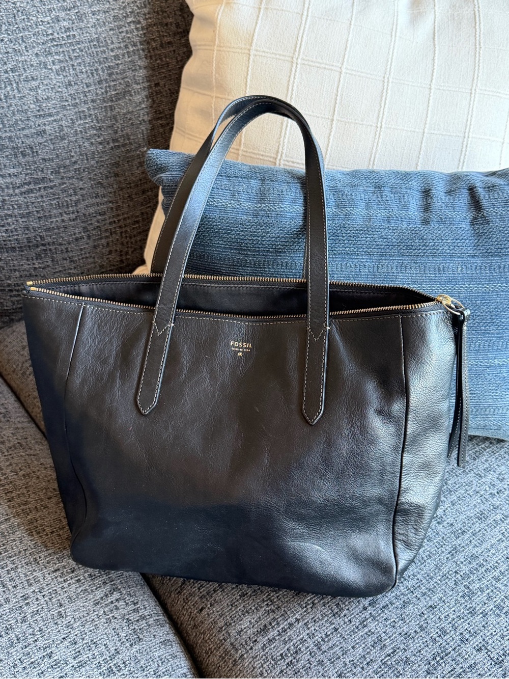 Fossil Black Leather Zip-Top Tote